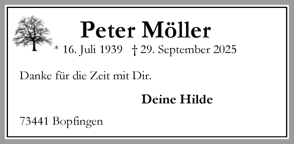  Traueranzeige für Peter Möller vom 11.10.2025 aus Umschau