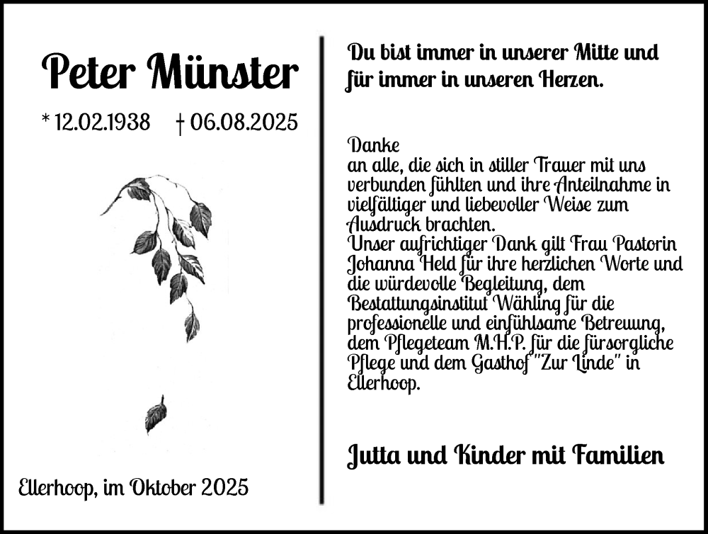  Traueranzeige für Peter Münster vom 04.10.2025 aus Elmshorner Nachrichten, Barmstedter Zeitung