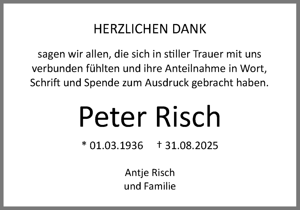  Traueranzeige für Peter Risch vom 11.10.2025 aus Flensburger Tageblatt