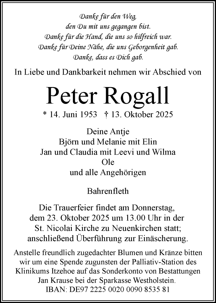  Traueranzeige für Peter Rogall vom 18.10.2025 aus Norddeutsche Rundschau, Wilstersche Zeitung, Glückstädter Fortuna