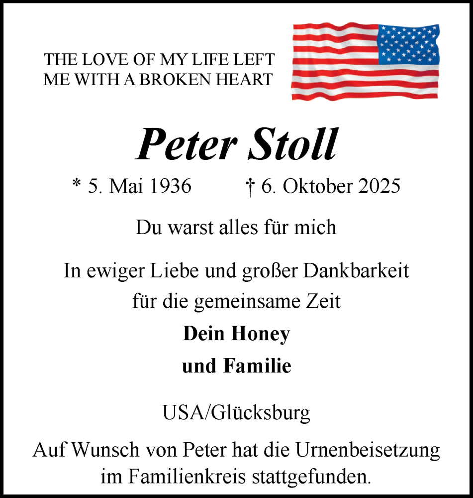  Traueranzeige für Peter Stoll vom 25.10.2025 aus Flensburger Tageblatt