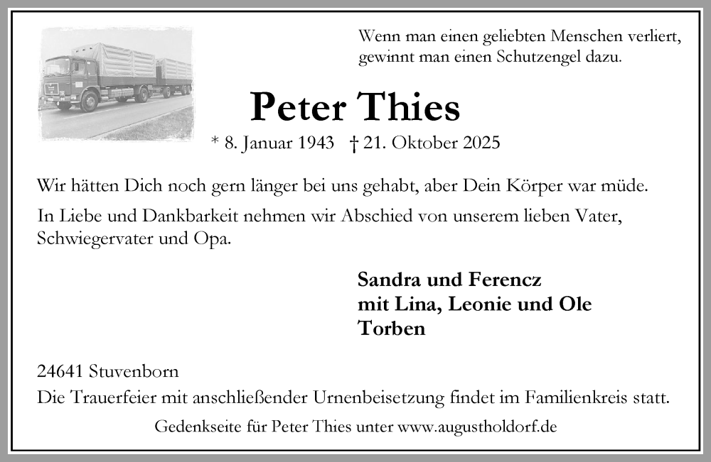  Traueranzeige für Peter Thies vom 01.11.2025 aus Umschau