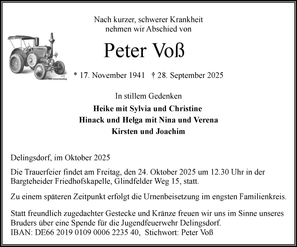  Traueranzeige für Peter Voß vom 11.10.2025 aus MARKT Ahrensburg/Bargteheide/Trittau und Stormarner Tageblatt