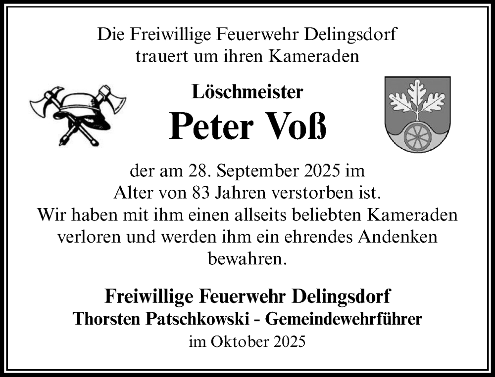  Traueranzeige für Peter Voß vom 18.10.2025 aus MARKT Ahrensburg/Bargteheide/Trittau und Stormarner Tageblatt
