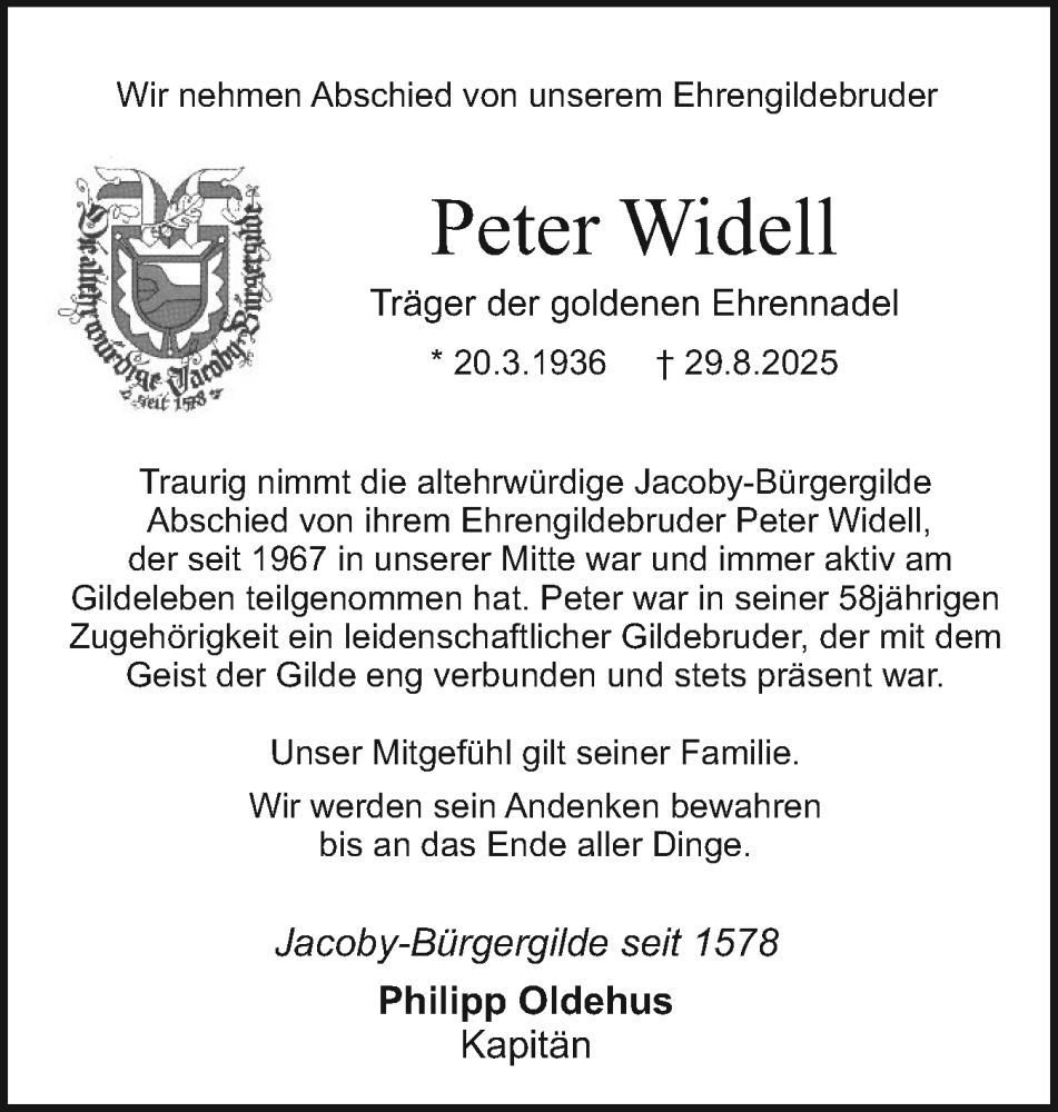  Traueranzeige für Peter Widell vom 04.10.2025 aus Holsteinischer Courier