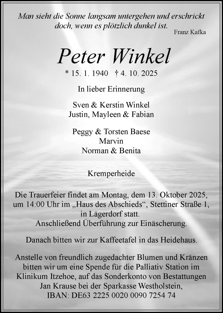  Traueranzeige für Peter Winkel vom 11.10.2025 aus Norddeutsche Rundschau, Wilstersche Zeitung, Glückstädter Fortuna