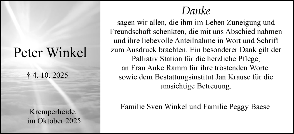  Traueranzeige für Peter Winkel vom 25.10.2025 aus Norddeutsche Rundschau, Wilstersche Zeitung, Glückstädter Fortuna