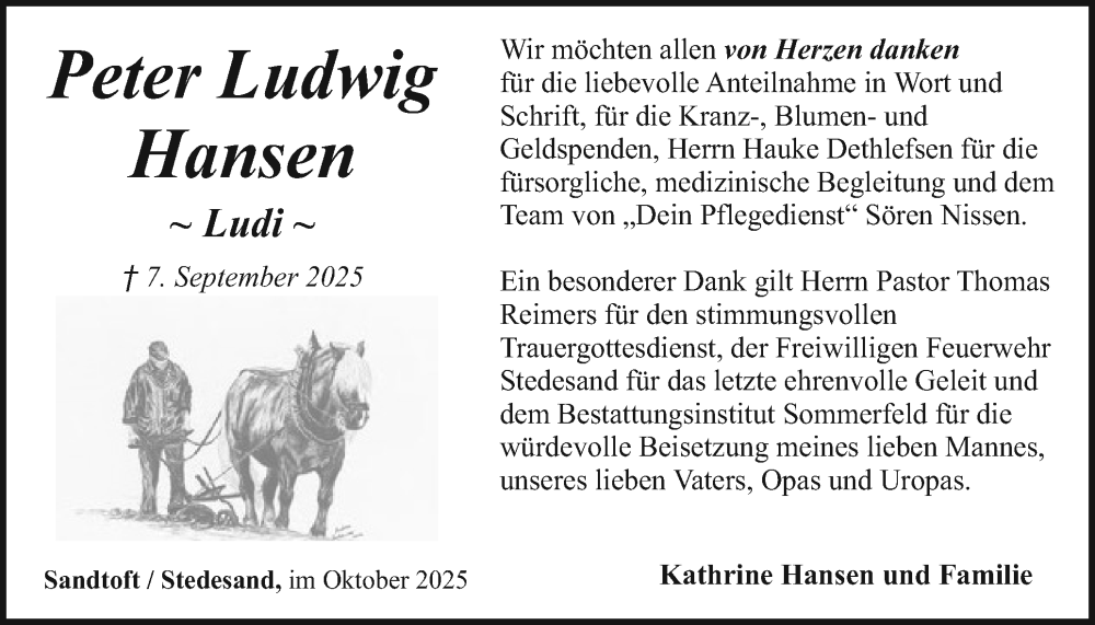  Traueranzeige für Peter Ludwig Hansen vom 11.10.2025 aus Region Flensburg
