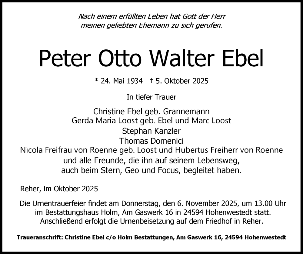  Traueranzeige für Peter Otto Walter Ebel vom 25.10.2025 aus Schleswig-Holsteinische Landeszeitung