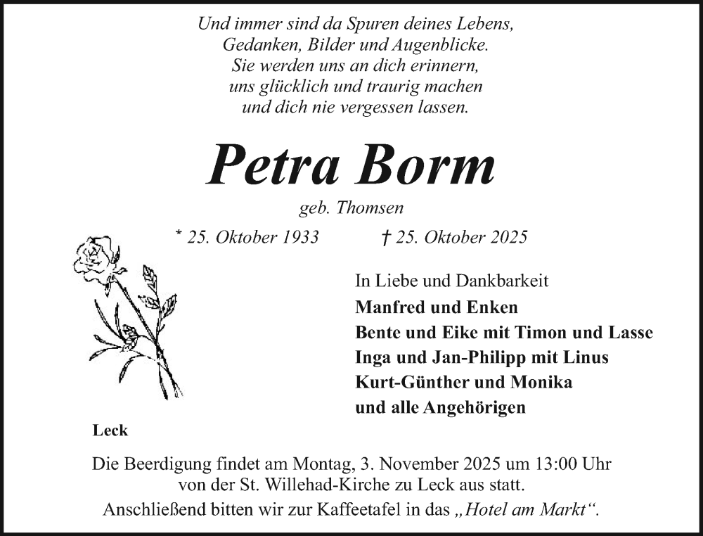  Traueranzeige für Petra Borm vom 30.10.2025 aus Husumer Nachrichten, Nordfriesland Tageblatt