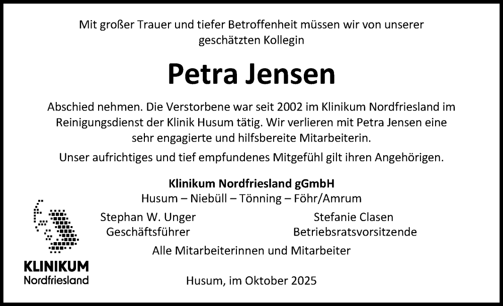  Traueranzeige für Petra Jensen vom 13.10.2025 aus Husumer Nachrichten, Nordfriesland Tageblatt