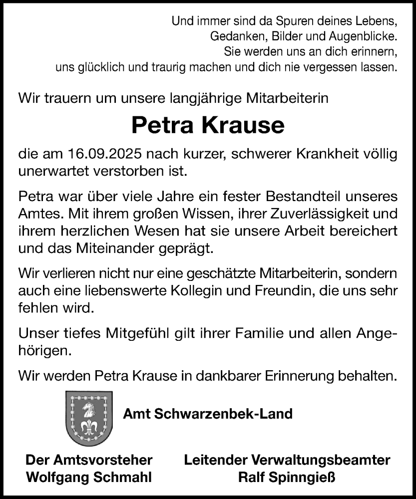  Traueranzeige für Petra Krause vom 04.10.2025 aus Wochenend Anzeiger