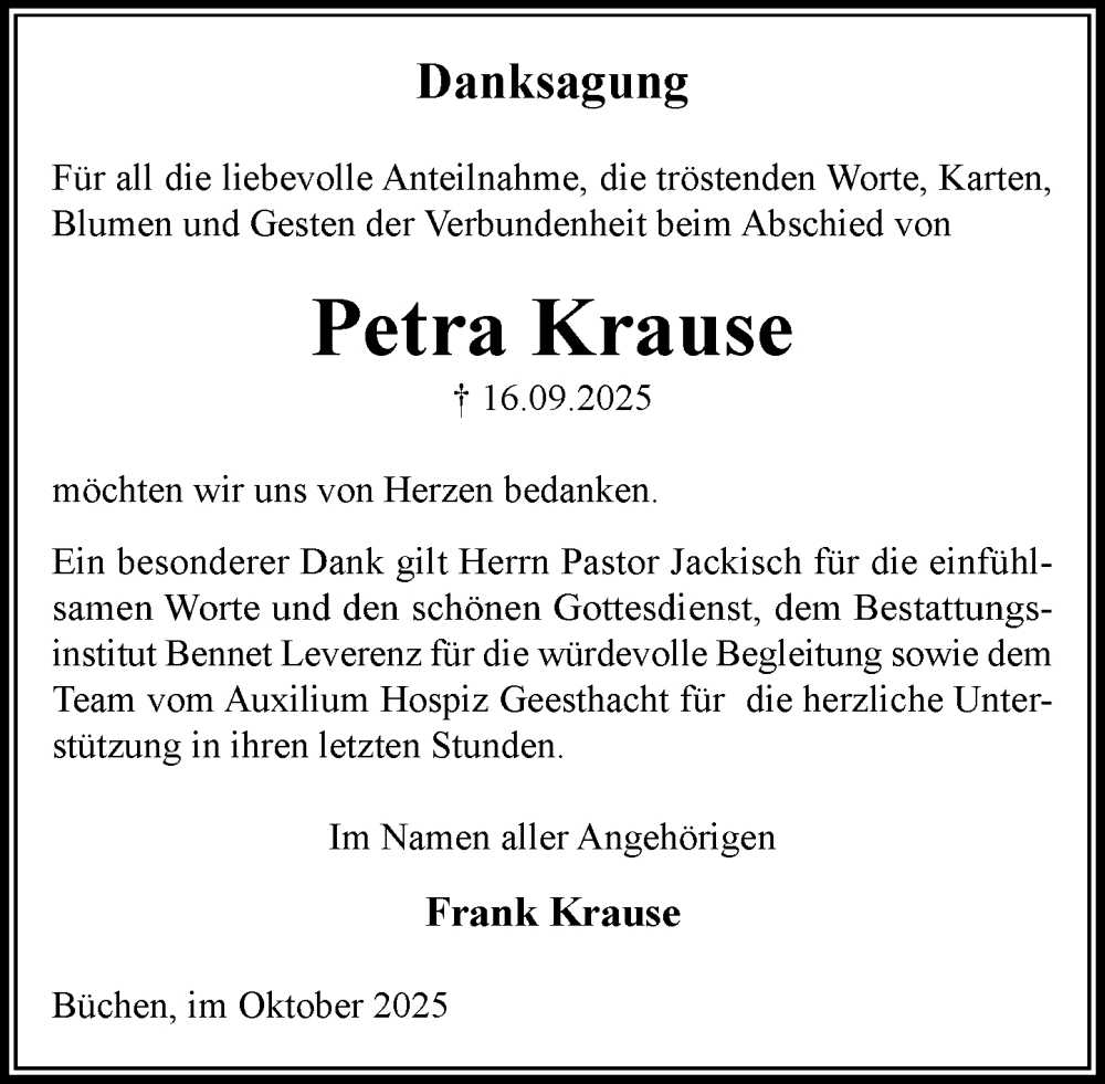  Traueranzeige für Petra Krause vom 25.10.2025 aus Wochenend Anzeiger