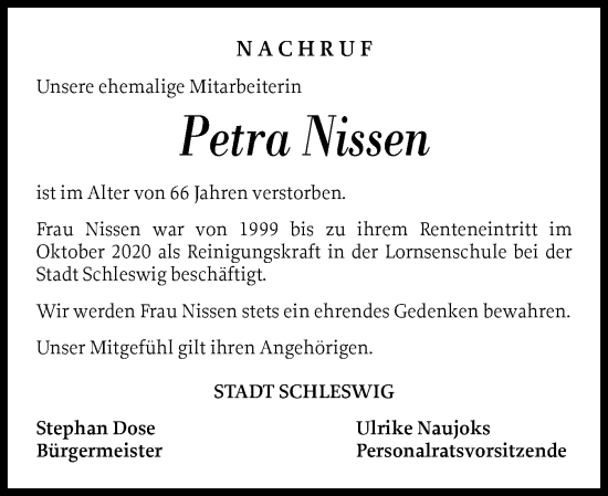 Traueranzeige von Petra Nissen von Schleswiger Nachrichten, Schlei-Bote