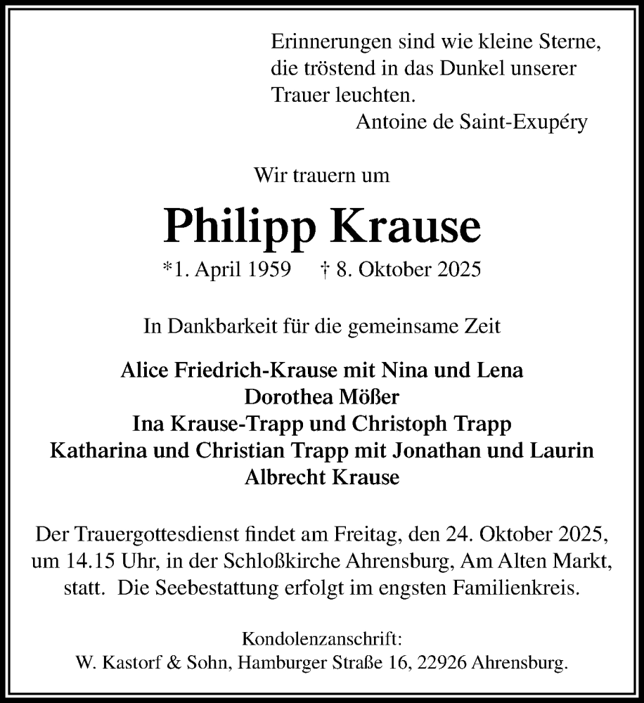  Traueranzeige für Philipp Krause vom 18.10.2025 aus MARKT Ahrensburg/Bargteheide/Trittau und Stormarner Tageblatt