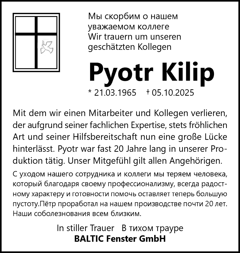  Traueranzeige für Pyotr Kilip vom 14.10.2025 aus Schleswigholsteiner Zeitung Trauer