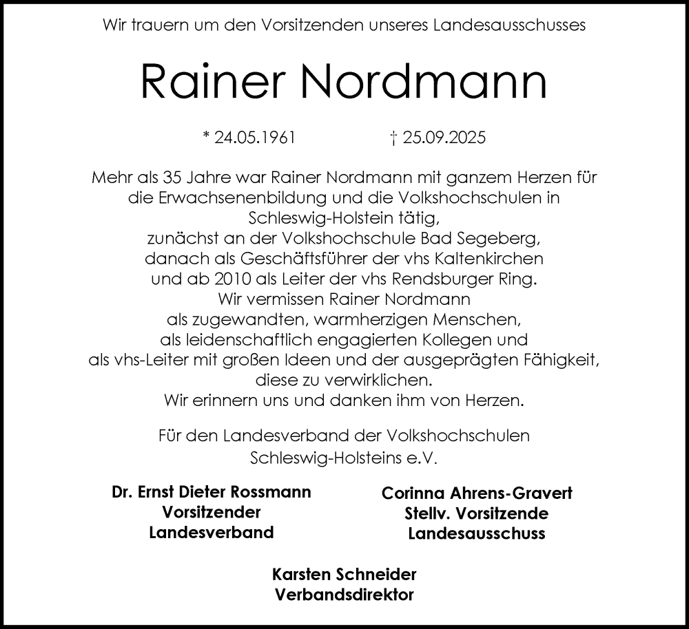  Traueranzeige für Rainer Nordmann vom 11.10.2025 aus Schleswig-Holsteinische Landeszeitung