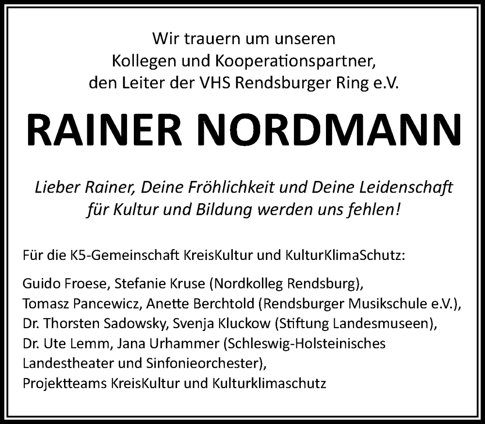  Traueranzeige für Rainer Nordmann vom 11.10.2025 aus Schleswig-Holsteinische Landeszeitung