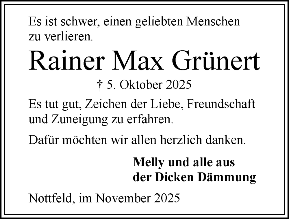  Traueranzeige für Rainer Max Grünert vom 01.11.2025 aus Flensburger Tageblatt, Schleswiger Nachrichten, Schlei-Bote