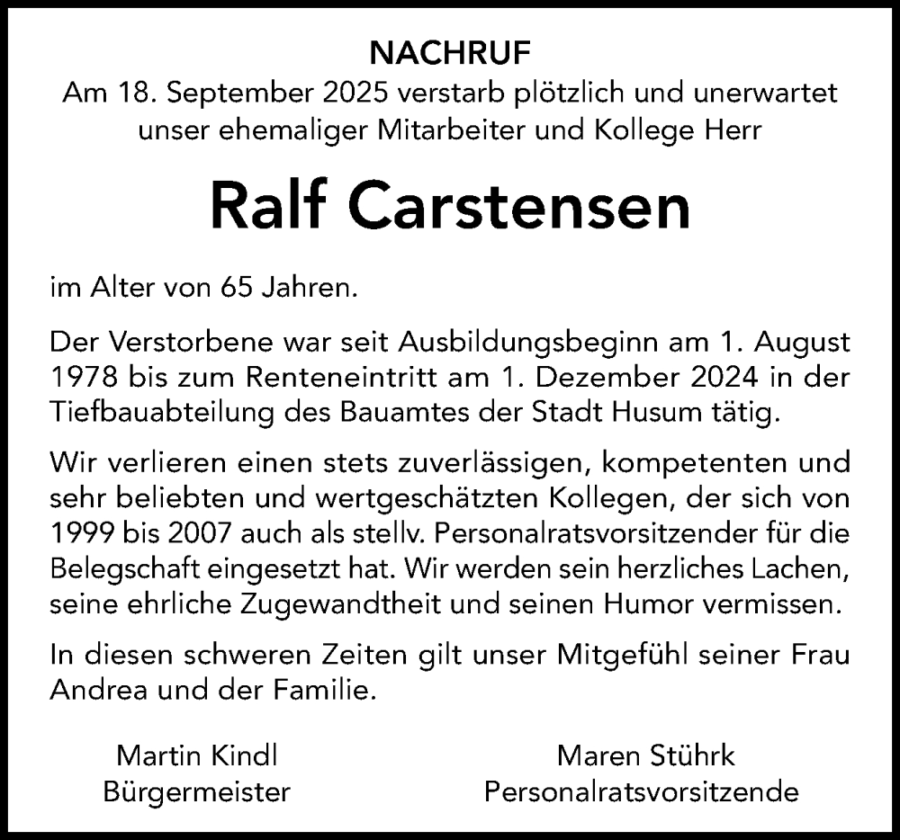  Traueranzeige für Ralf Carstensen vom 11.10.2025 aus Die WochenSchau Nordfriesland