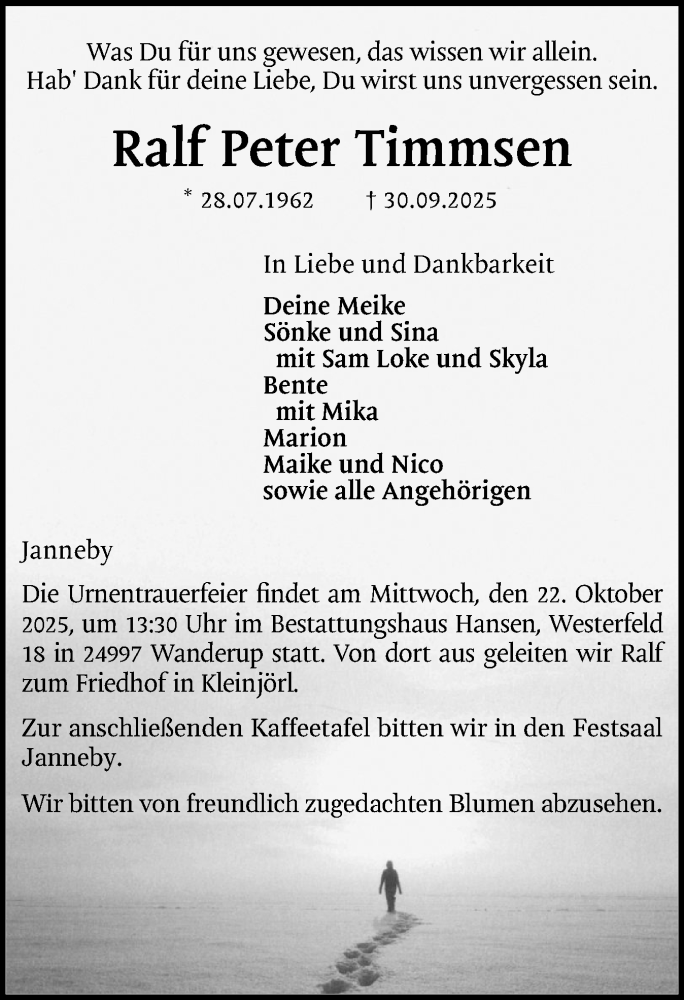  Traueranzeige für Ralf Peter Timmsen vom 11.10.2025 aus Region Flensburg