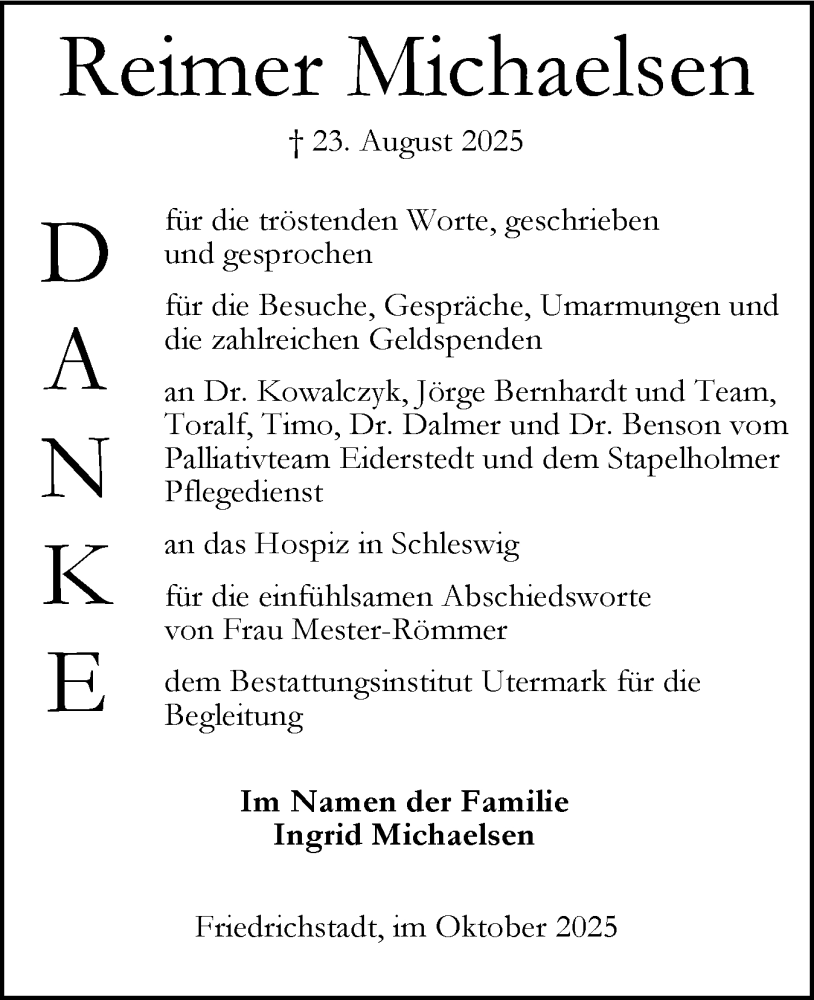  Traueranzeige für Reimer Michaelsen vom 11.10.2025 aus Husumer Nachrichten, Nordfriesland Tageblatt
