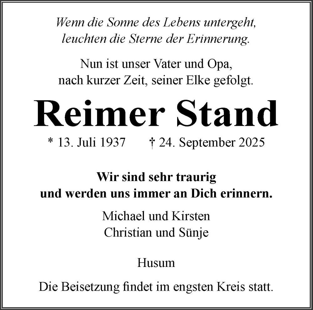  Traueranzeige für Reimer Stand vom 04.10.2025 aus Husumer Nachrichten, Nordfriesland Tageblatt