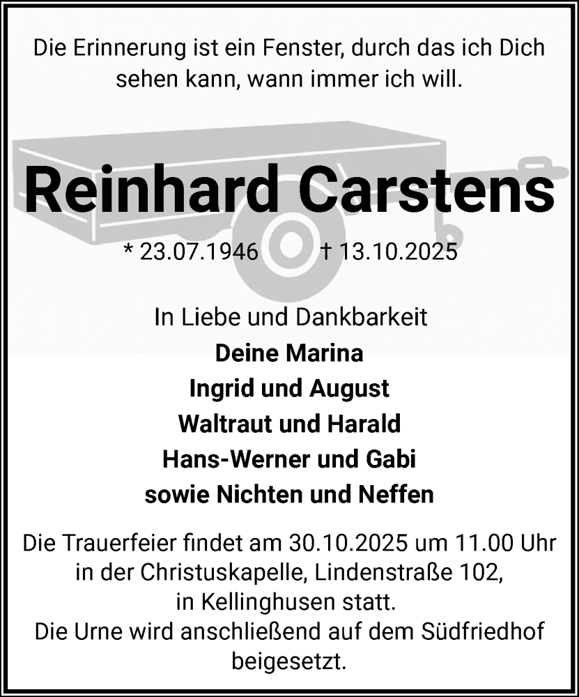 Traueranzeige für Reinhard Carstens vom 25.10.2025 aus Norddeutsche Rundschau, Wilstersche Zeitung, Glückstädter Fortuna