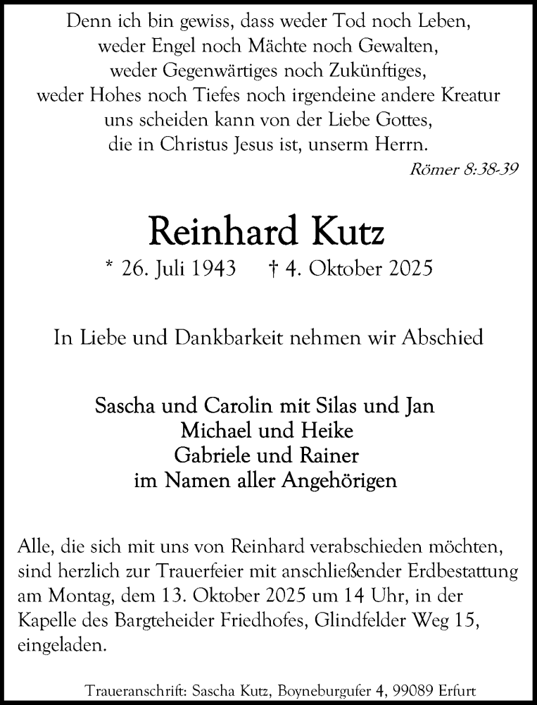  Traueranzeige für Reinhard Kutz vom 11.10.2025 aus MARKT Ahrensburg/Bargteheide/Trittau und Stormarner Tageblatt