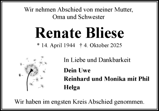 Traueranzeige von Renate Bliese von Flensburger Tageblatt