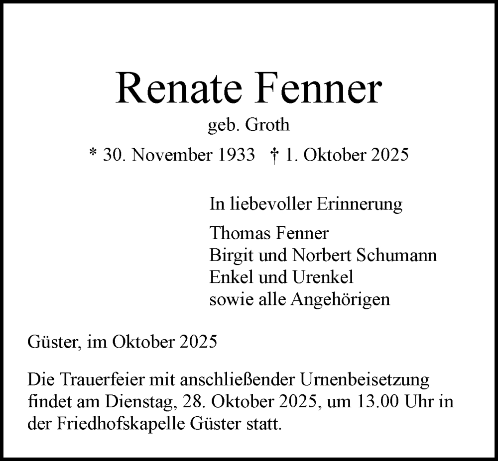  Traueranzeige für Renate Fenner vom 11.10.2025 aus Wochenend Anzeiger
