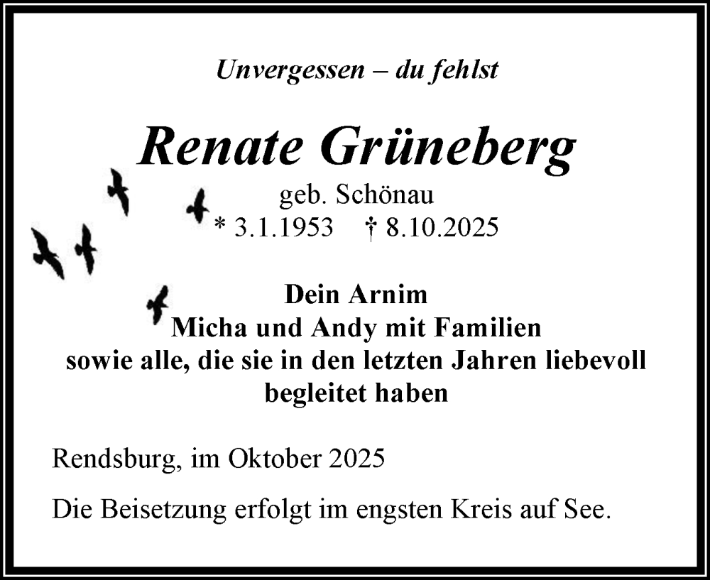  Traueranzeige für Renate Grüneberg vom 25.10.2025 aus Schleswig-Holsteinische Landeszeitung