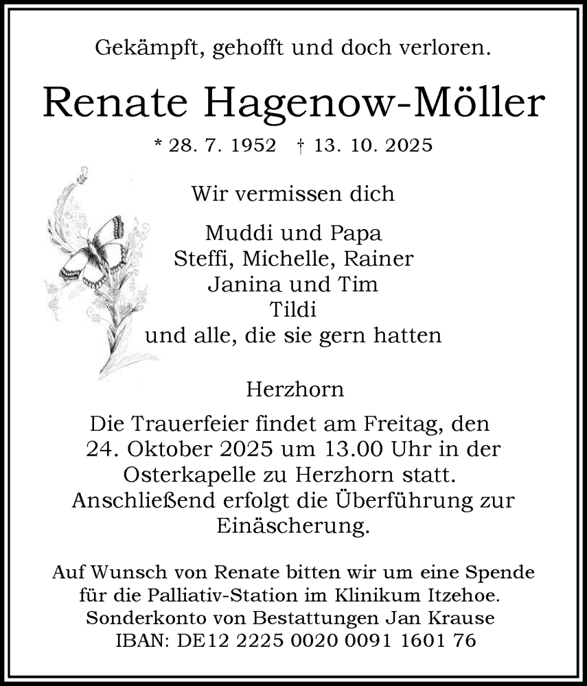  Traueranzeige für Renate Hagenow-Möller vom 18.10.2025 aus Norddeutsche Rundschau, Wilstersche Zeitung, Glückstädter Fortuna