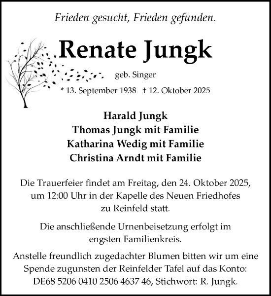 Traueranzeige von Renate Jungk von MARKT Bad Oldesloe/Reinfeld und Stormarner Tageblatt