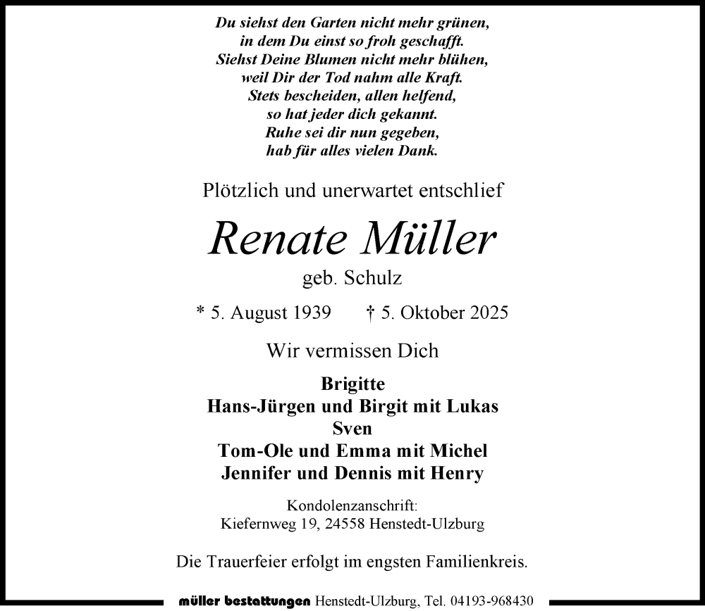  Traueranzeige für Renate Müller vom 18.10.2025 aus Umschau