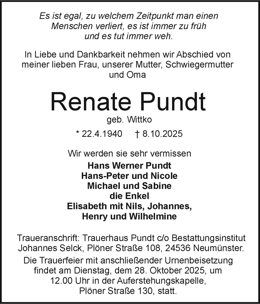  Traueranzeige für Renate Pundt vom 18.10.2025 aus Holsteinischer Courier