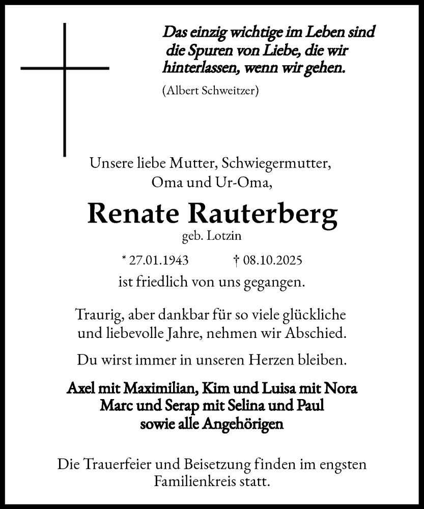  Traueranzeige für Renate Rauterberg vom 18.10.2025 aus Heimatspiegel
