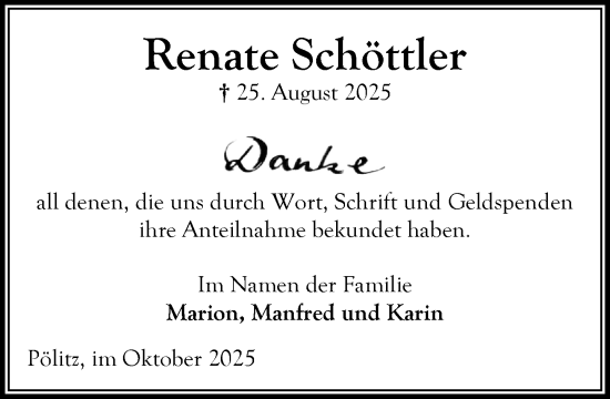 Traueranzeige von Renate Schöttler von MARKT Bad Oldesloe/Reinfeld und Stormarner Tageblatt