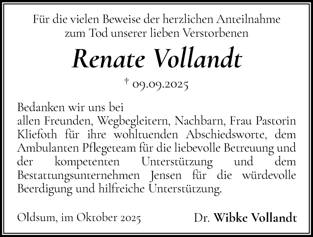  Traueranzeige für Renate Vollandt vom 22.10.2025 aus Der Insel-Bote