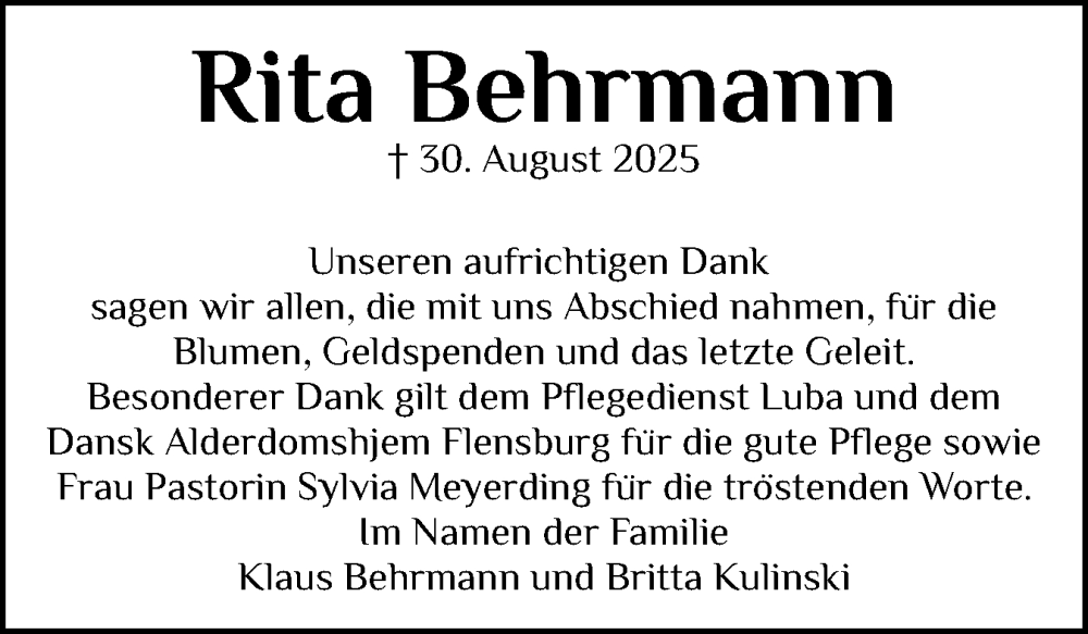  Traueranzeige für Rita Behrmann vom 11.10.2025 aus Flensburger Tageblatt