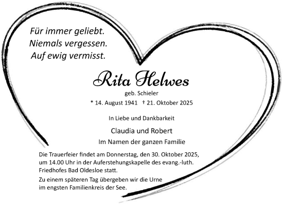 Traueranzeige von Rita Helwes von MARKT Bad Oldesloe/Reinfeld, MARKT Ahrensburg/Bargteheide/Trittau und Stormarner Tageblatt