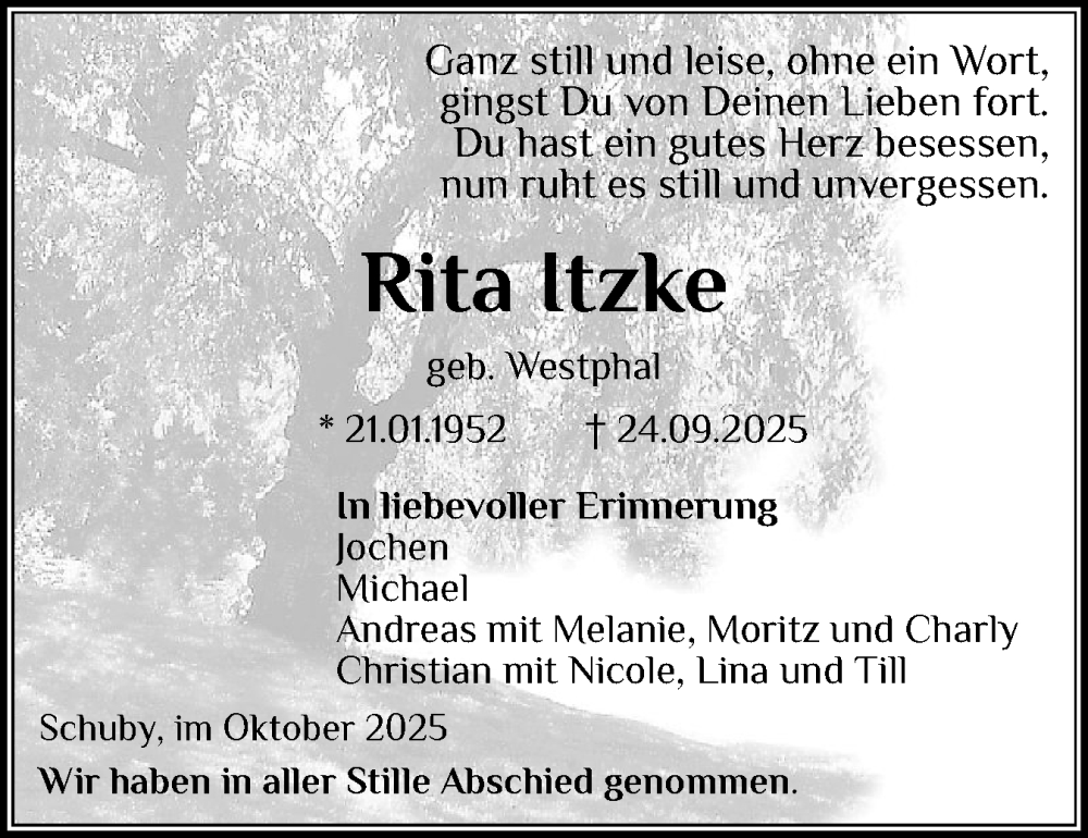  Traueranzeige für Rita Itzke vom 22.10.2025 aus Schleswiger Nachrichten, Schlei-Bote, Eckernförder Zeitung