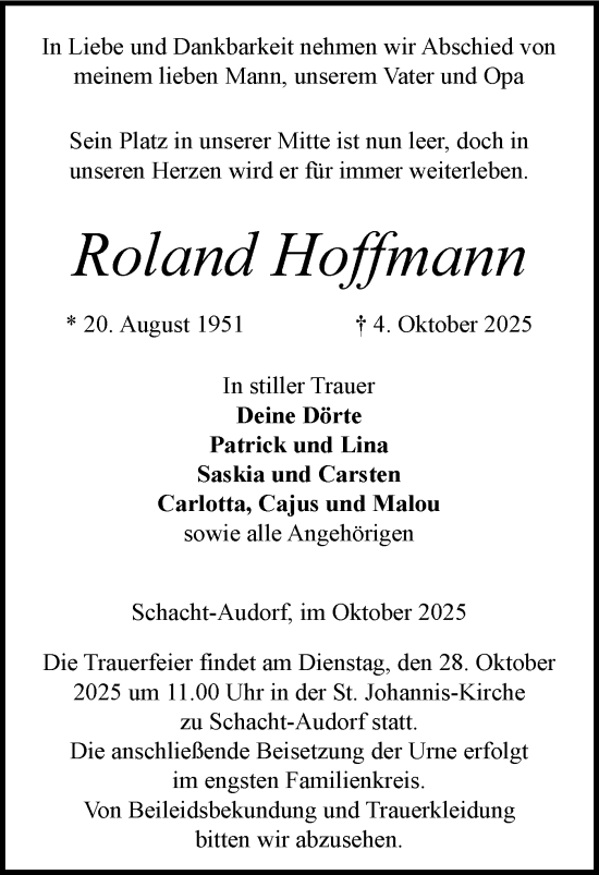 Traueranzeige von Roland Hoffmann von Schleswig-Holsteinische Landeszeitung