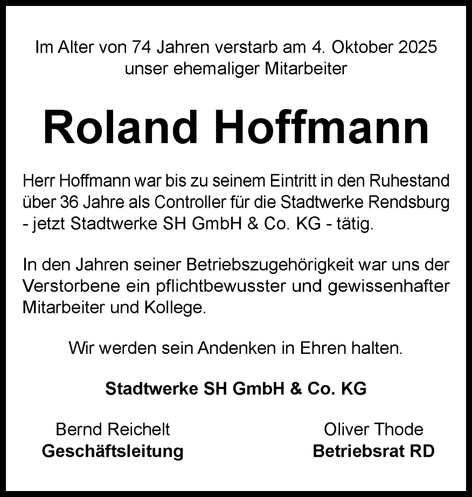  Traueranzeige für Roland Hoffmann vom 23.10.2025 aus Schleswig-Holsteinische Landeszeitung