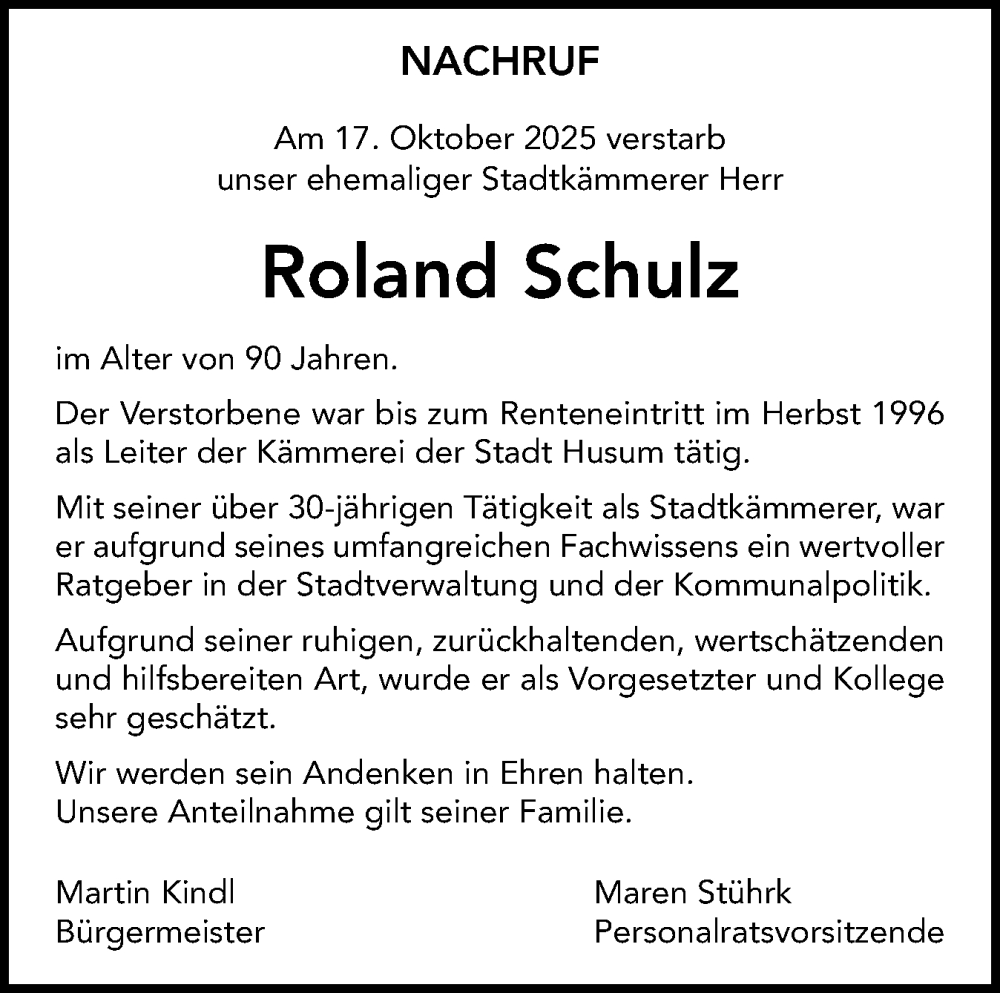  Traueranzeige für Roland Schulz vom 25.10.2025 aus Die WochenSchau Nordfriesland