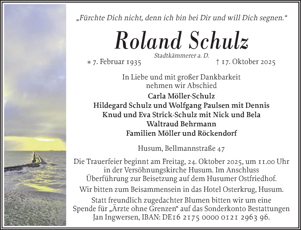  Traueranzeige für Roland Schulz vom 21.10.2025 aus Husumer Nachrichten, Nordfriesland Tageblatt