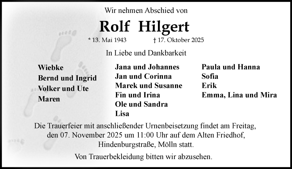  Traueranzeige für Rolf Hilgert vom 01.11.2025 aus MARKT Ratzeburg/Mölln