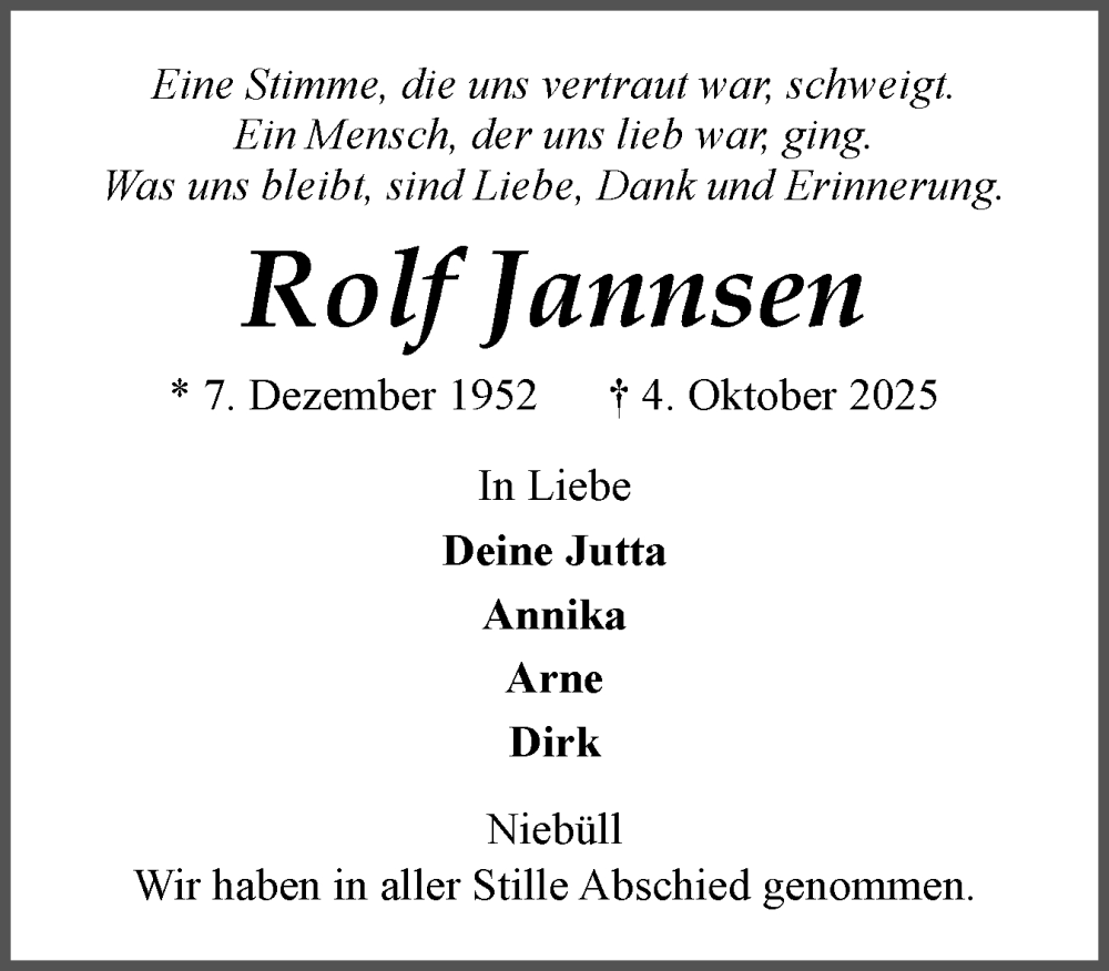 Traueranzeige für Rolf Jannsen vom 25.10.2025 aus Husumer Nachrichten, Nordfriesland Tageblatt