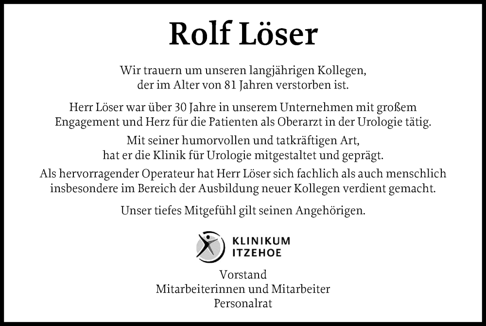  Traueranzeige für Rolf Löser vom 04.10.2025 aus Norddeutsche Rundschau, Wilstersche Zeitung, Glückstädter Fortuna