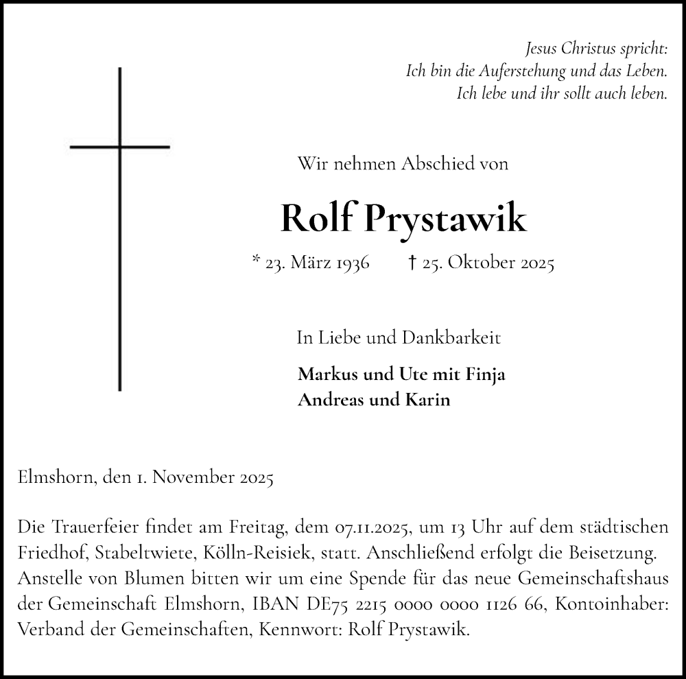  Traueranzeige für Rolf Prystawik vom 01.11.2025 aus Elmshorner Nachrichten, Barmstedter Zeitung